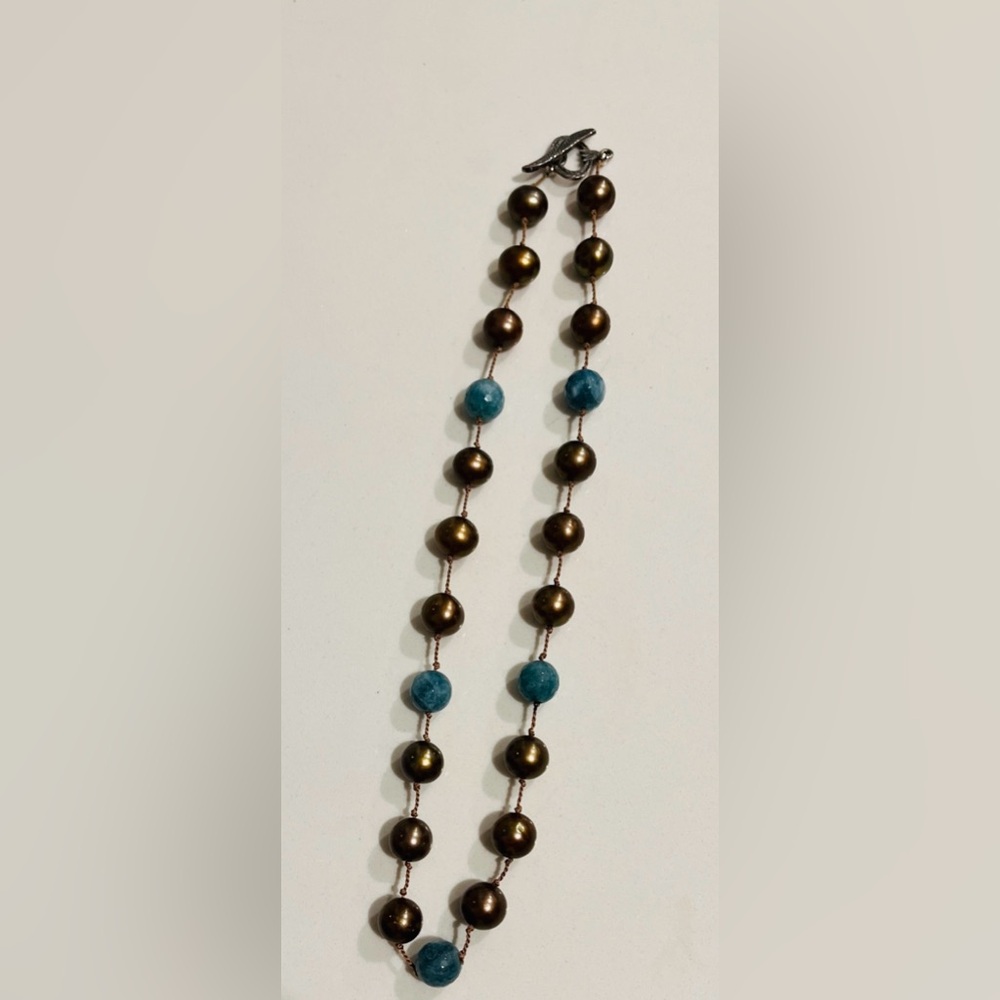 Aqua Blue Brown Glass Pearl Hand Knotted Necklace. Beautiful Toggle Clasp.